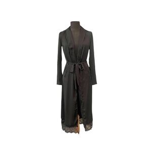 Black Satin Lace-Trim Robe with Belt
